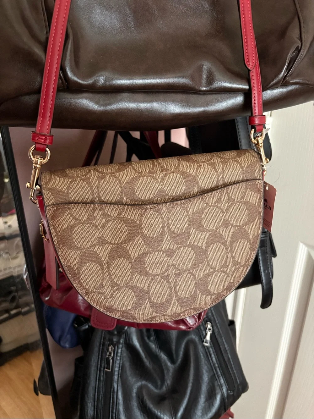 Coach Brown Signature Canvas and Red Leather Saddle Crossbody